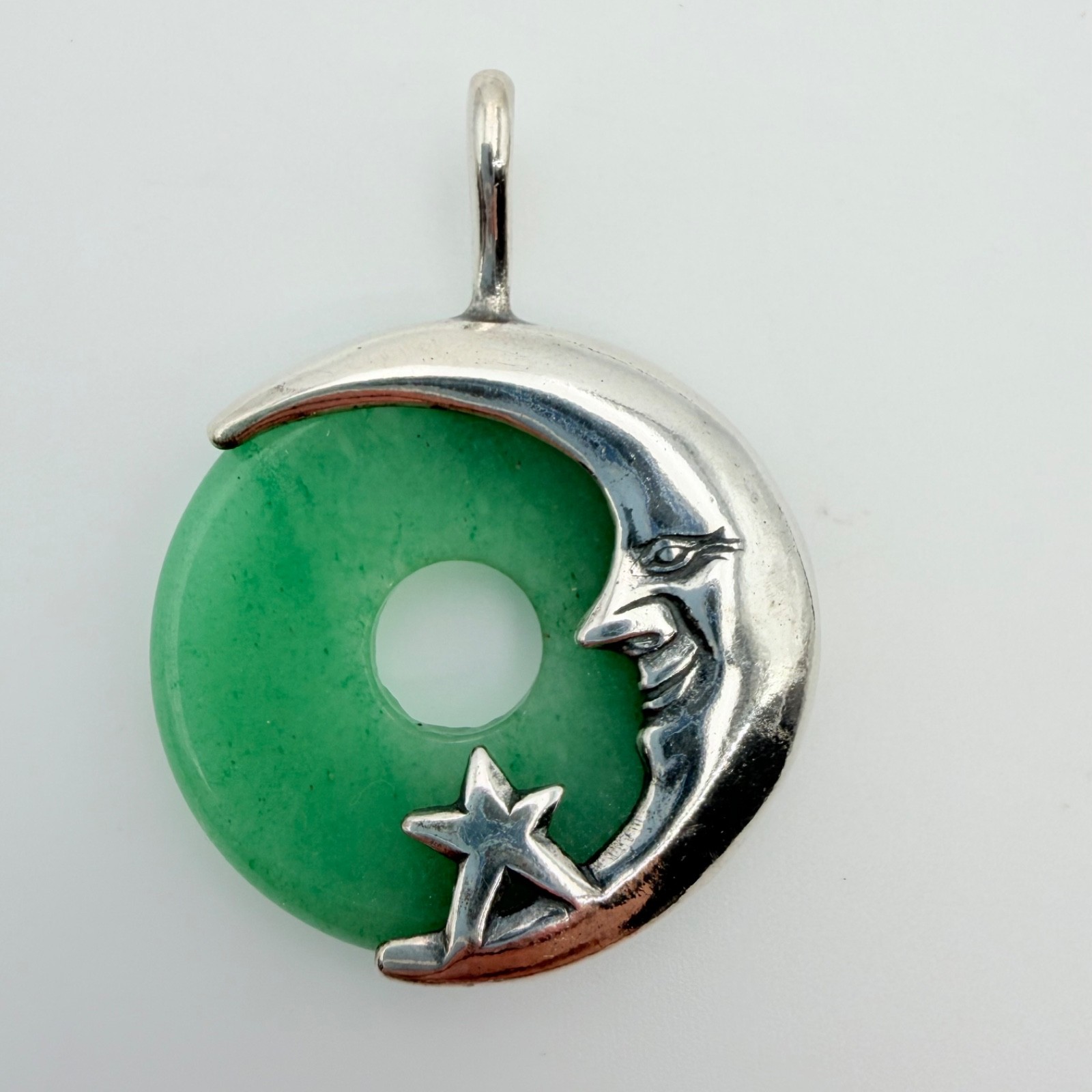 Vintage Crescent Man in the Moon Sterling Silver And Jade Jadiete Pendant NOS