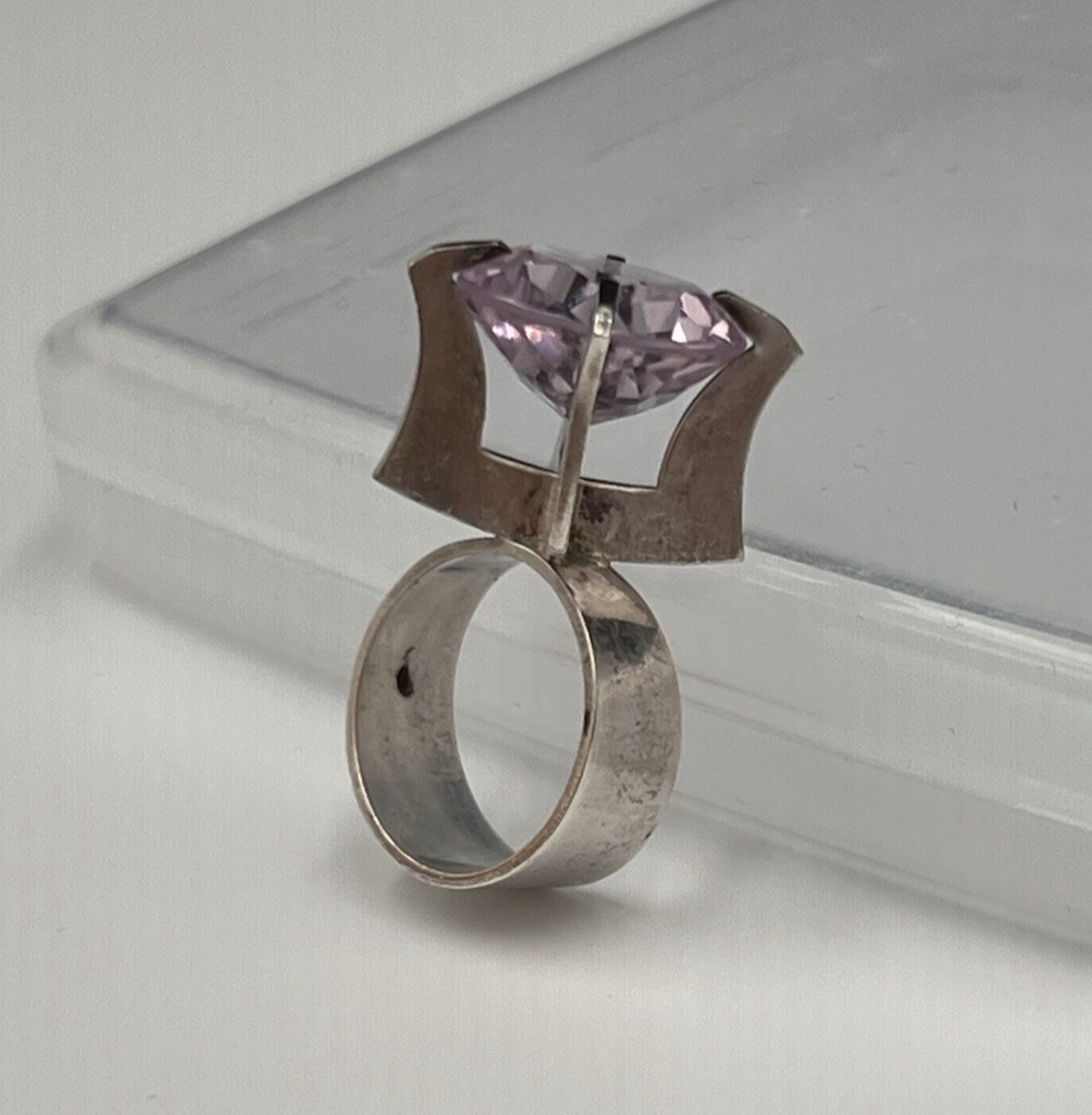 Vtg Svedboms Swedish Sterling Amethyst Ring, Modernist Sculptural, 8g, Sz 5.5