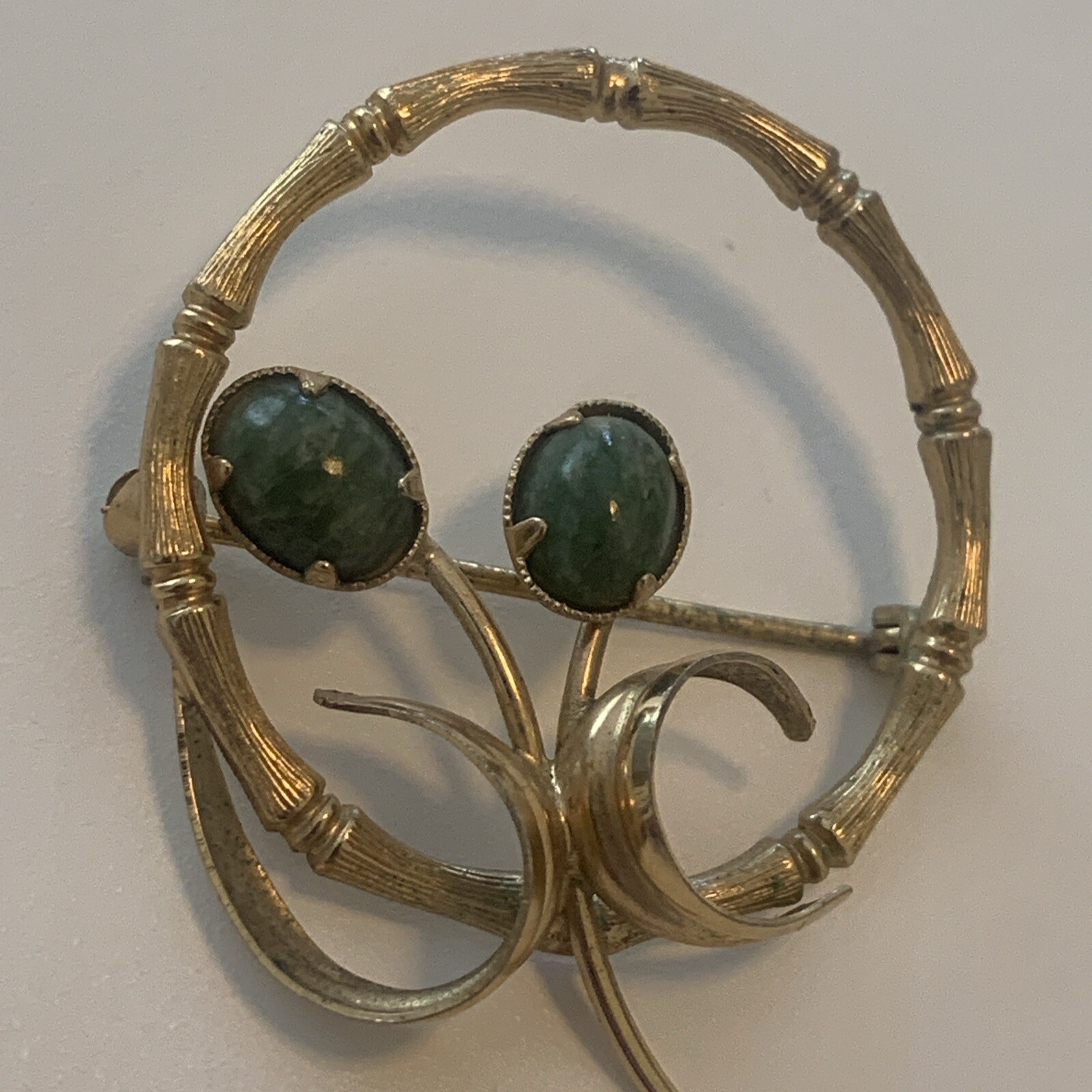 Vintage Signed KL Kordes & Lichtenfels Gold Filled 12K GF Jade Pin Brooch Flower