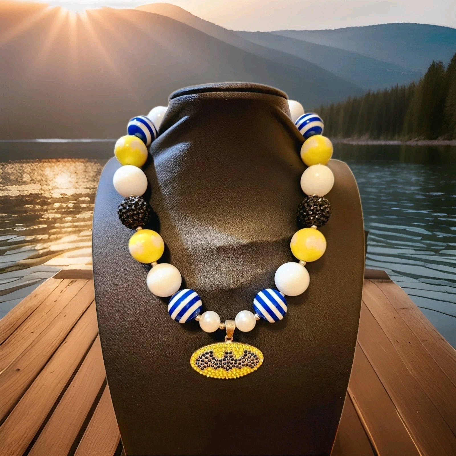 Vintage Authentic Batman Round Blue Yellow White Beaded Necklace With Pendant