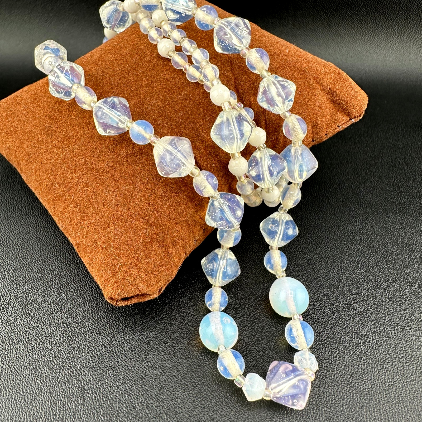 Vintage Opalite Glass Bead Necklace 31″ Faceted Round Hook Clasp Adjustable