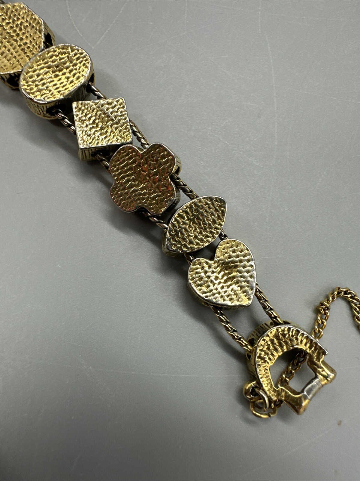 Vintage Signed Goldette NY Multiple Gemstones Safety Chain Slide Charm Bracelet