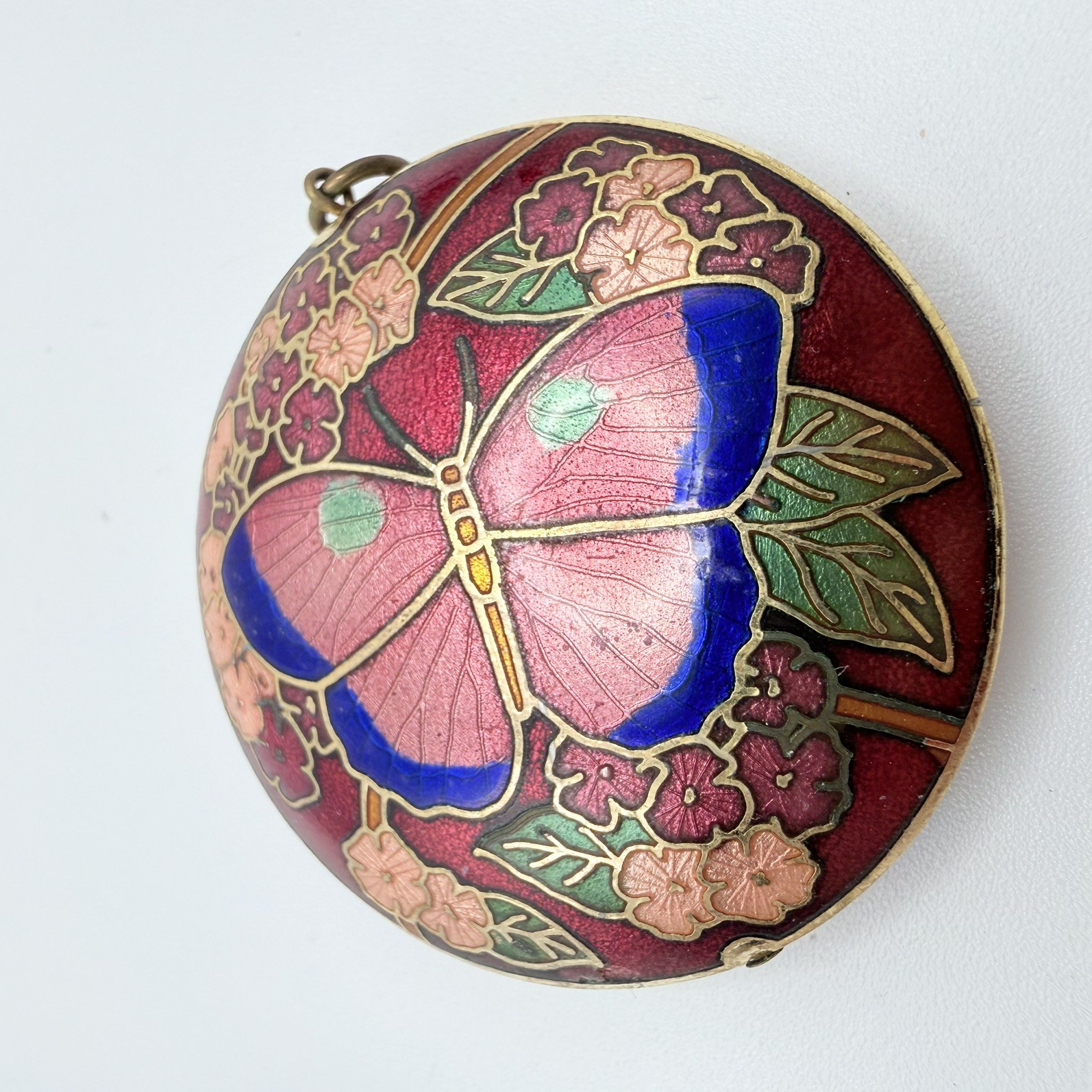 Vintage Cloisonne Butterfly Pendant Enamel Red Blue Peach Floral Double Sided