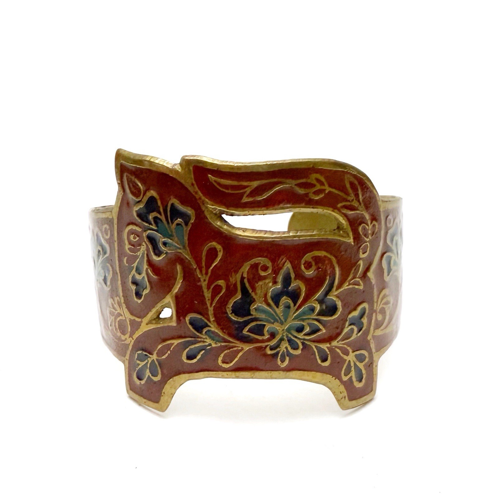 Vintage Horse Floral Red Enamel Brass Cuff Bracelet Made in India