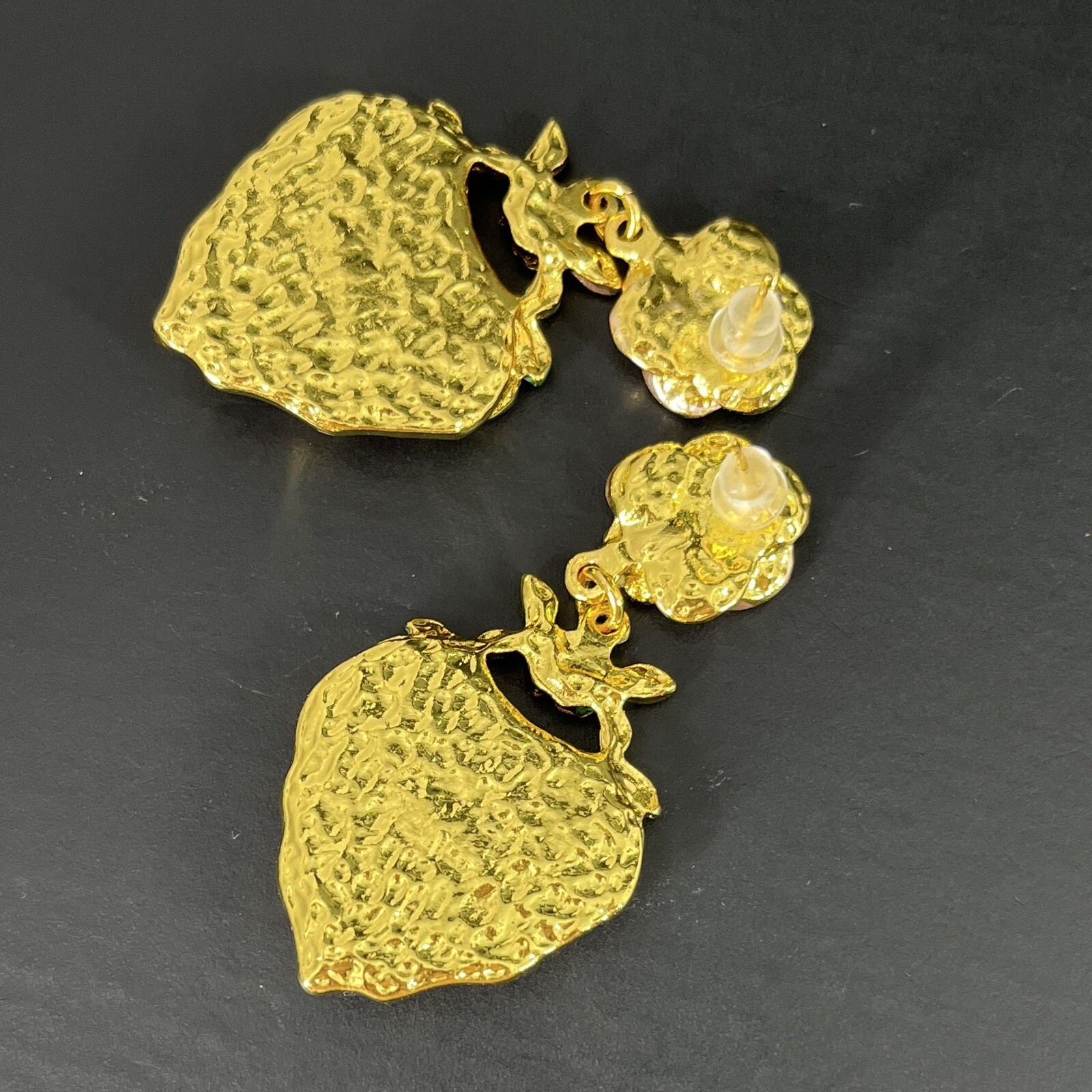 Gripoix Style Heart Earrings Pierced Gold Tone Rose Pink Flower Resin Statement