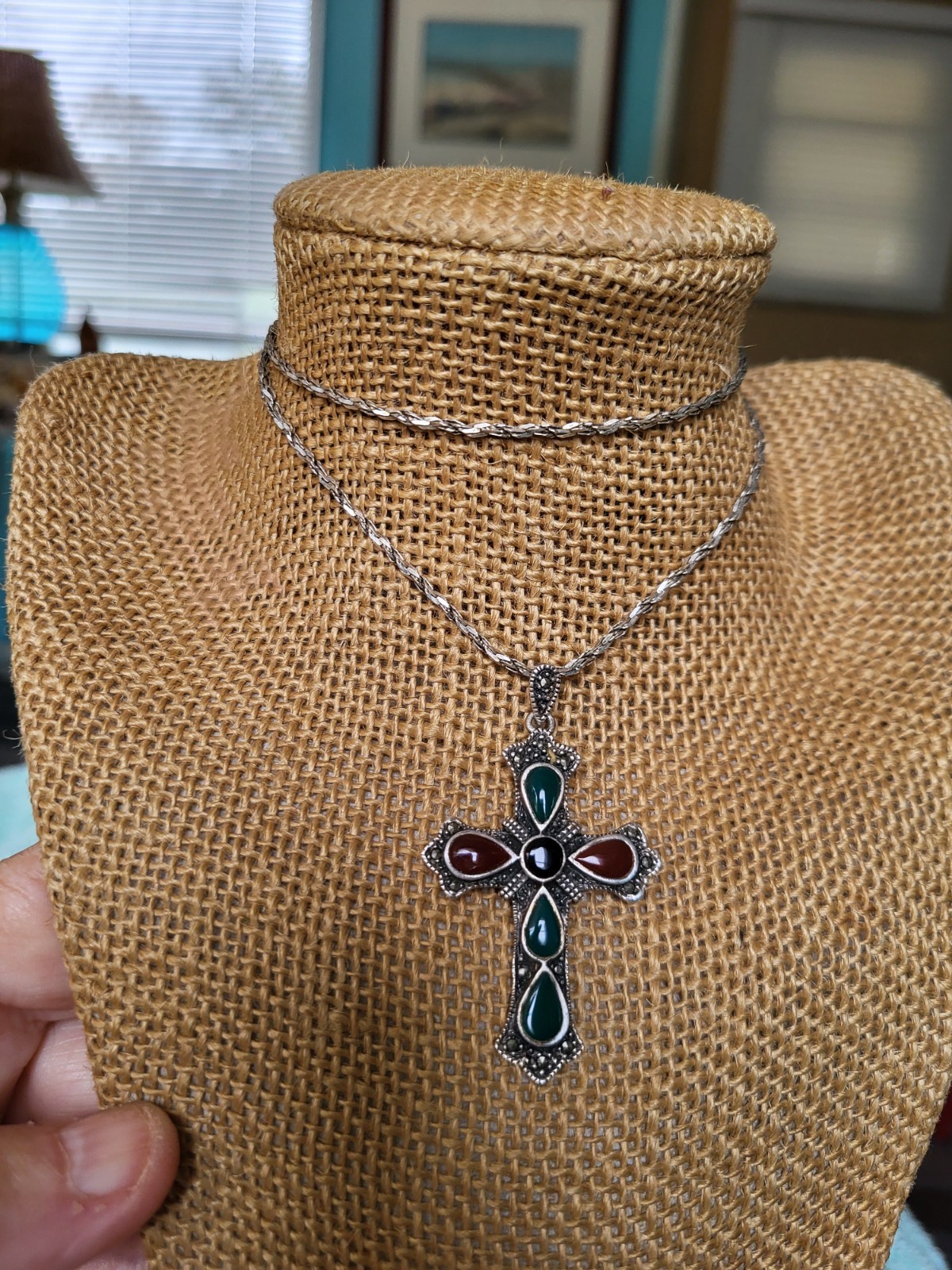 sterling silver gemstone large cross with very nice heavy sterling chain