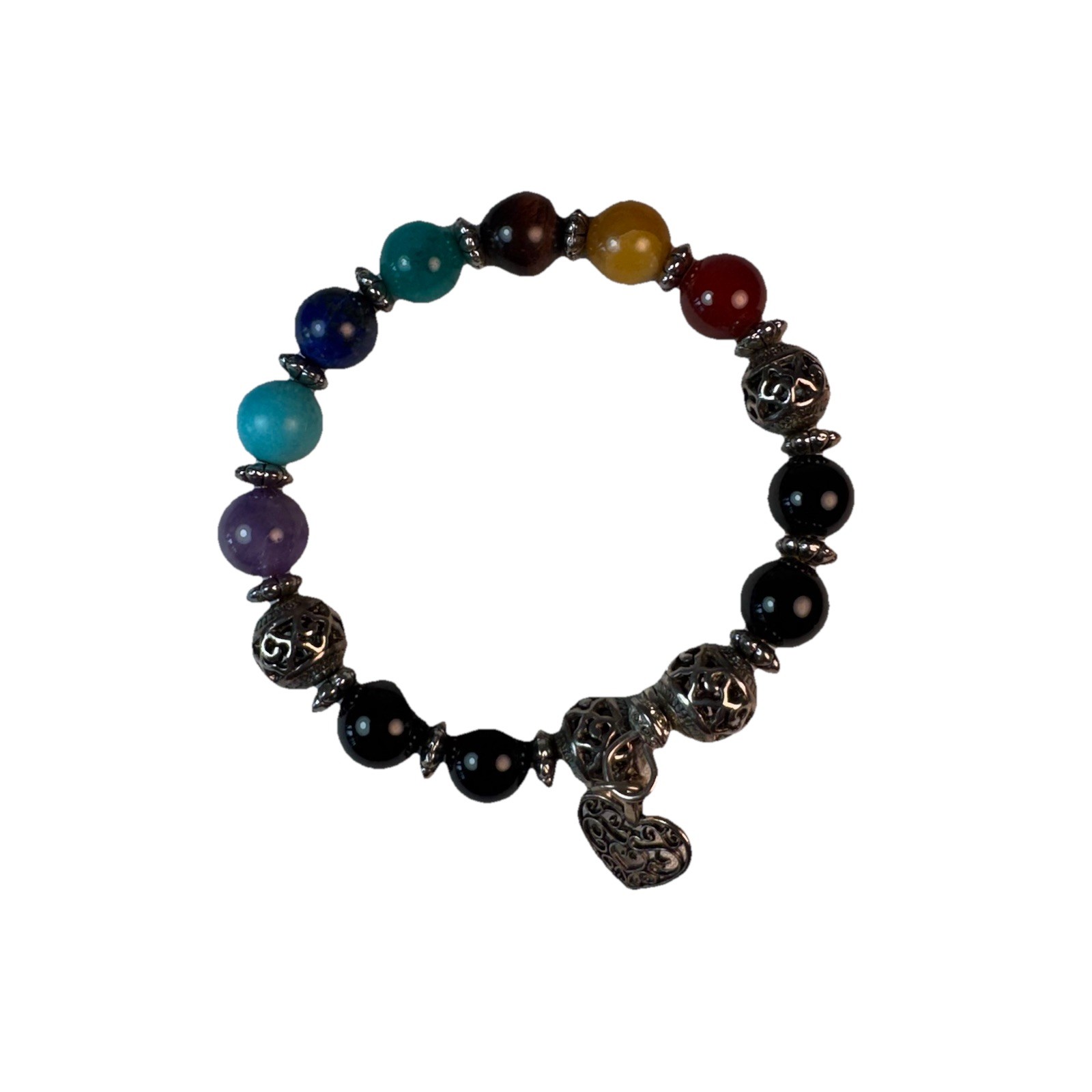 Vintage 7 Chakra Gemstone Beaded Bracelet Silver Filigree Heart Charm Onyx Boho