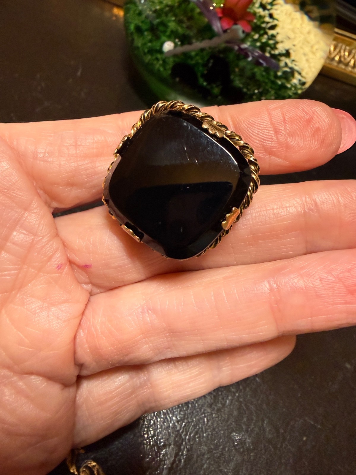 Vintage West Germany Cocktail Ring Black Glass Runway Gold Tone Oversized