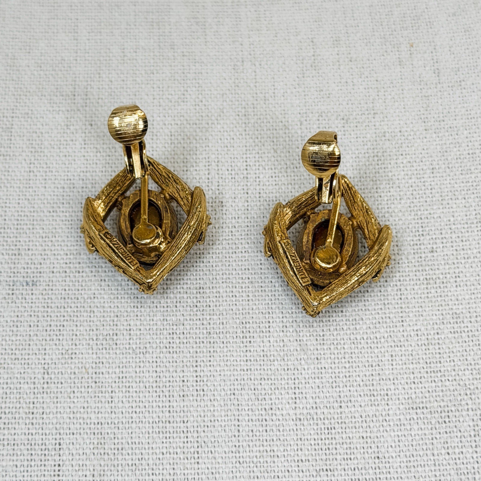 Vintage Florenza Victorian Shield Brooch & Earrings Set Gold Amber Pearl Glass