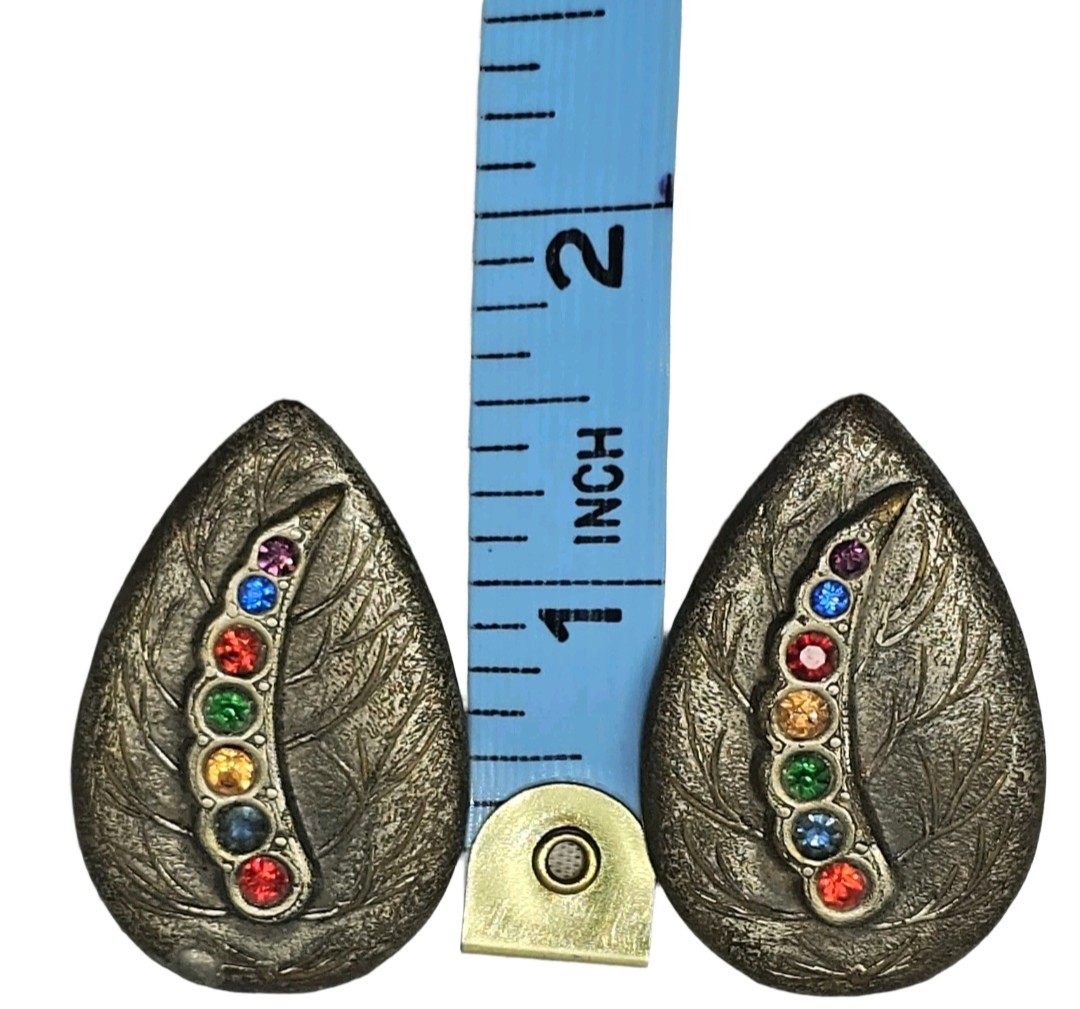 Antique Art Deco Bejeweled Metal Leaf Clip On Earrings | Appr 1.5″L & .75″W