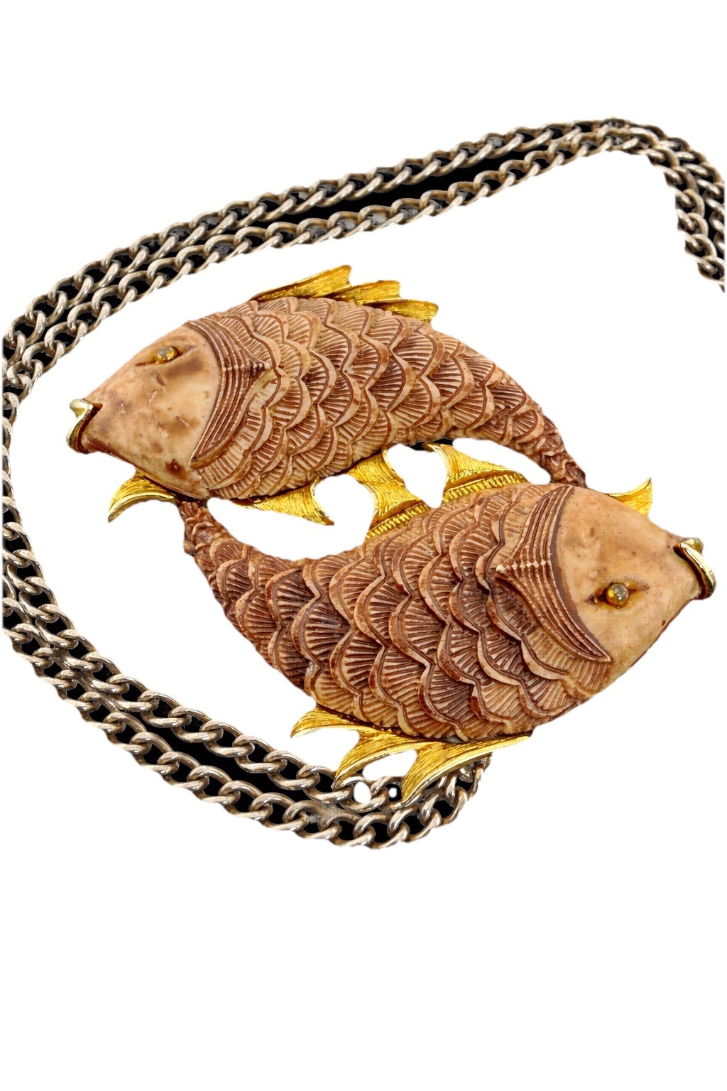 Vintage Razza Double Fish Necklace Carved Resin Faux Bone Gold Tone Large Pisces