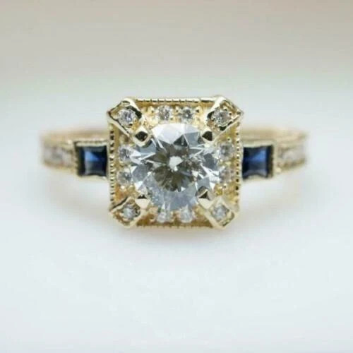 Art Deco Style Lab Created Diamond Sapphire Engagement Ring 14K Yellow Gold FN