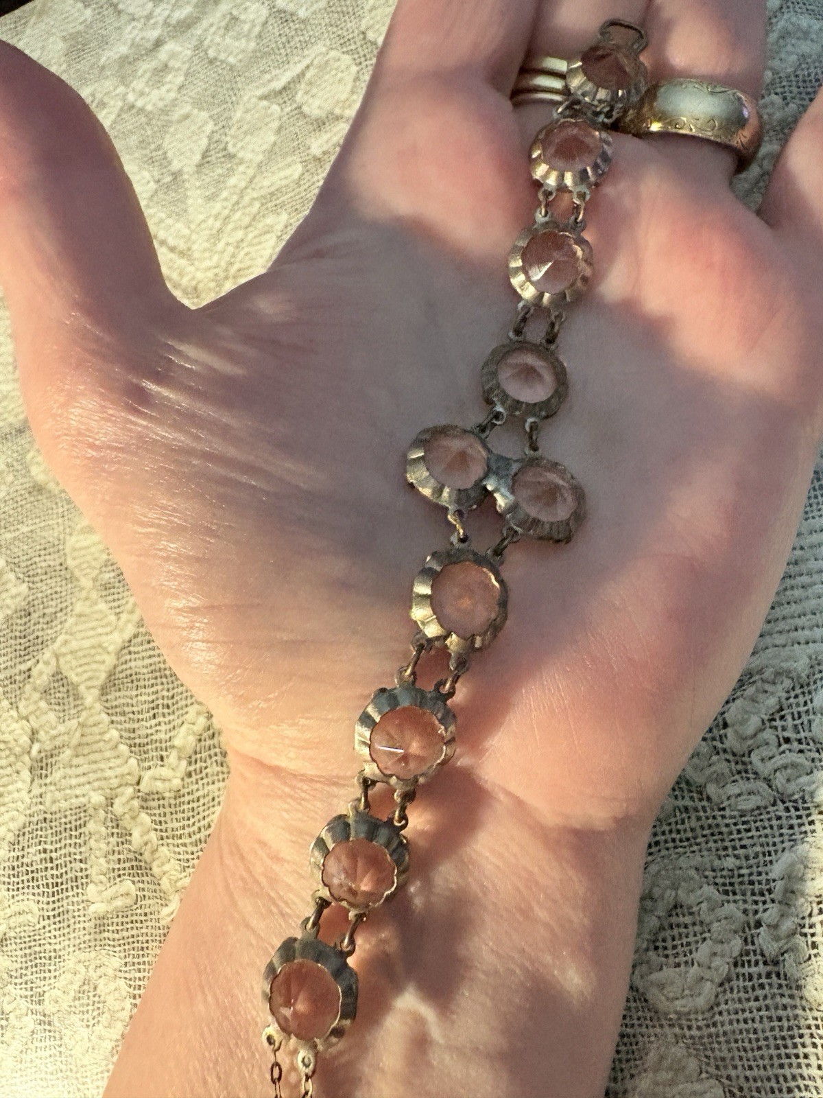Antique Victorian Baby Pink Paste Bracelet Mixed Metals 7 Inches
