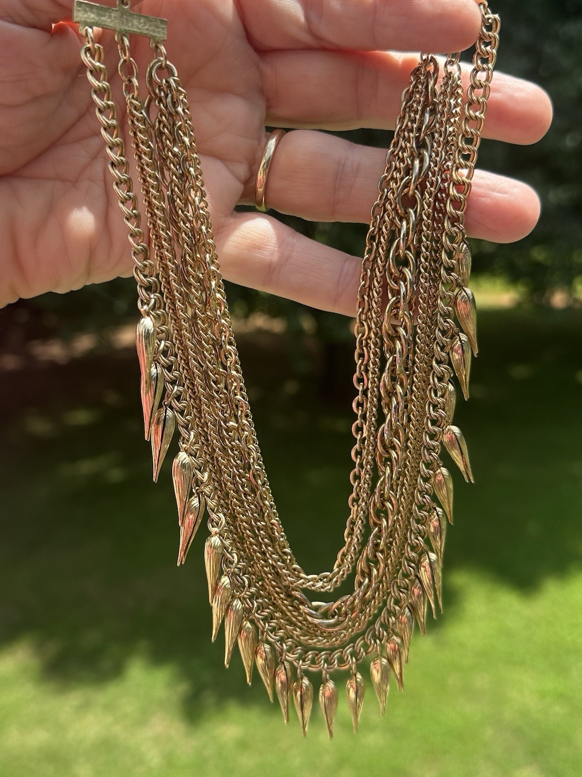 Vtg Multi-Chain Spike Rivet Chunky Choker Bib Statement Necklace Antique GoldTon