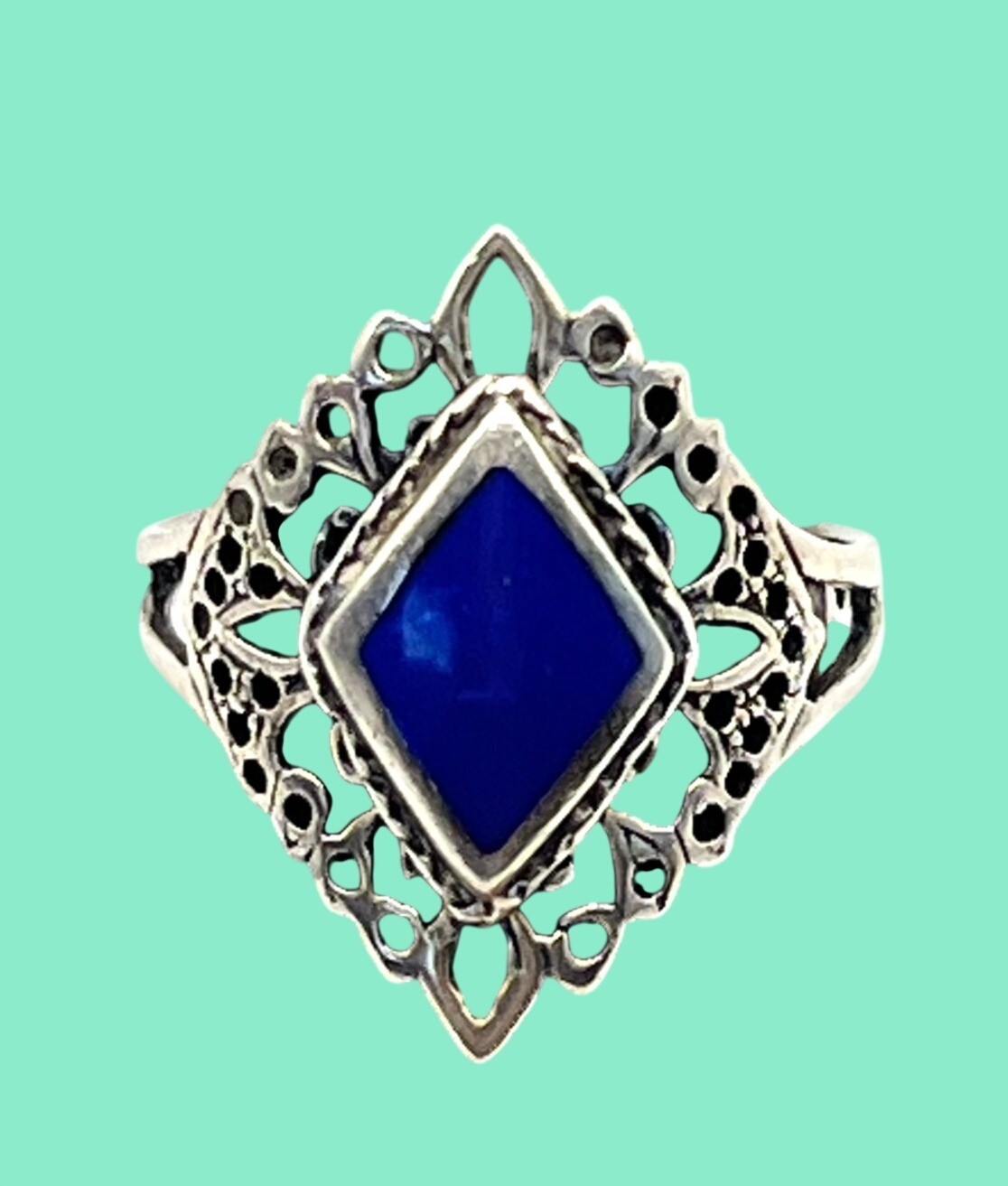 Vintage 925 Sterling Silver Filigree Ring With Blue Stone Size 5.5 Elegant State