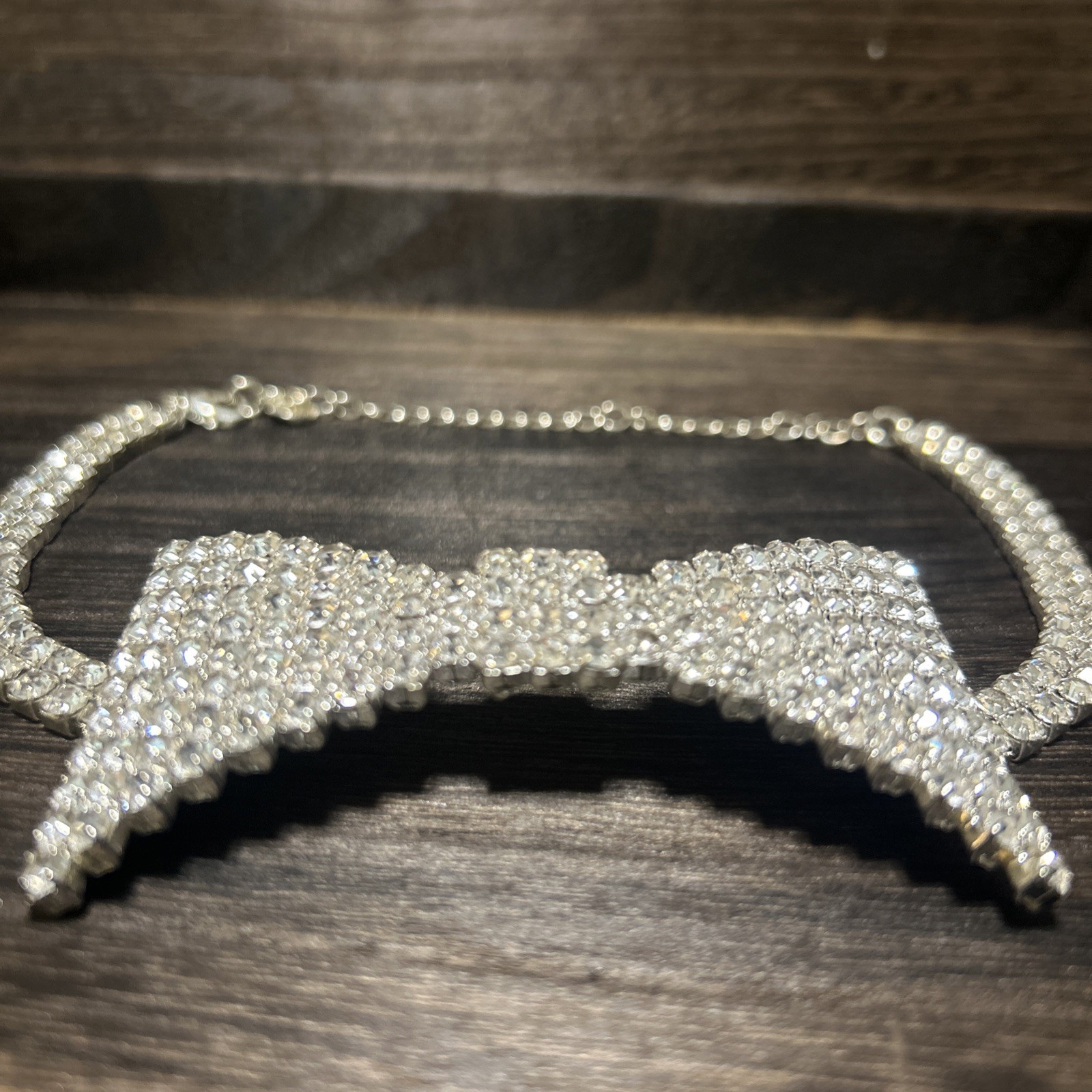 Necklace Choker Bow Tie Rhinestone Silver Tone After 5 Statement Y2K 2000s