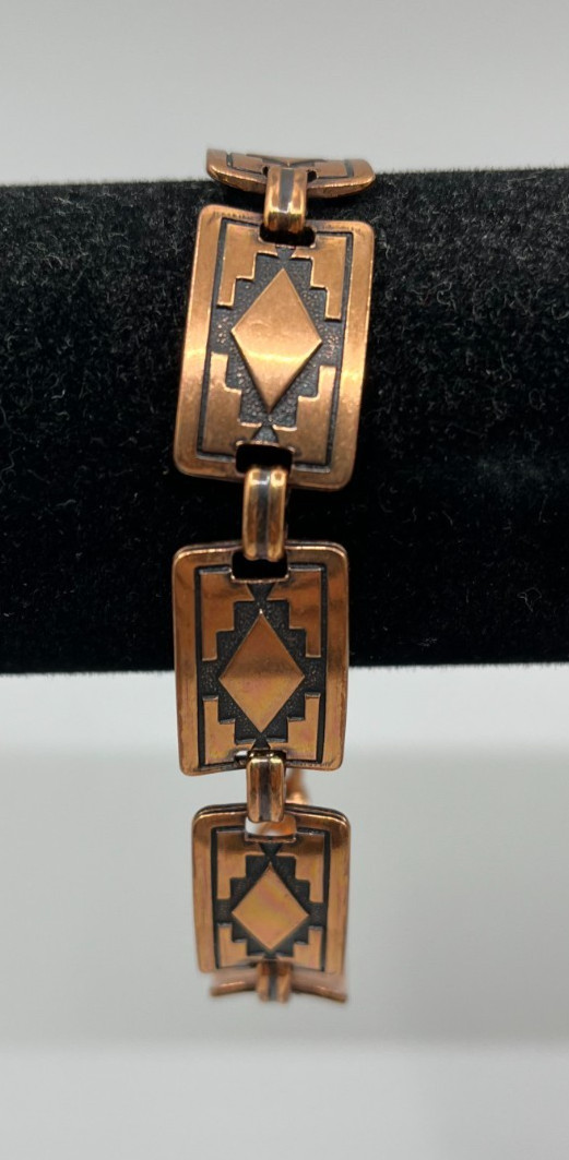 Vintage Copper Link Bracelet Southwestern Tribal Geometric Rectangle Panels 7.75