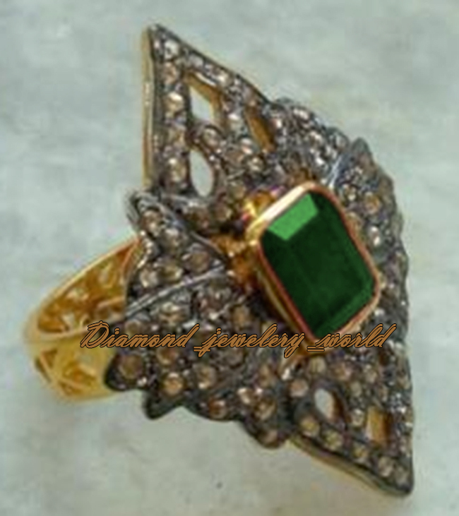 Victorian 1.90ctw Rose Cut Diamond Emerald Studded Silver Gorgeous Ring Jewelry