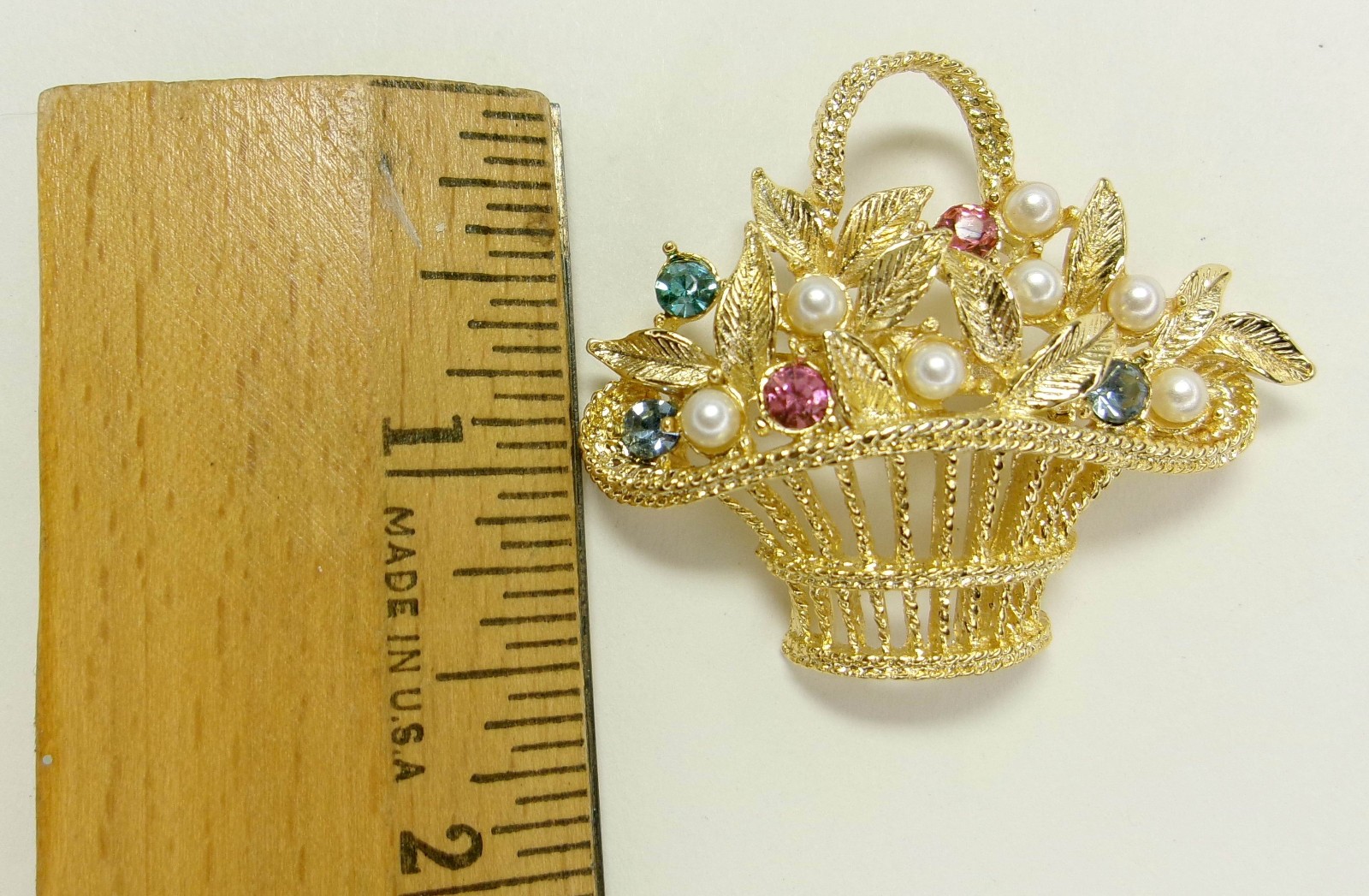 Vintage Gerry’s Signed Gold Tone with Rhinestones Flower Basket Brooch Pin