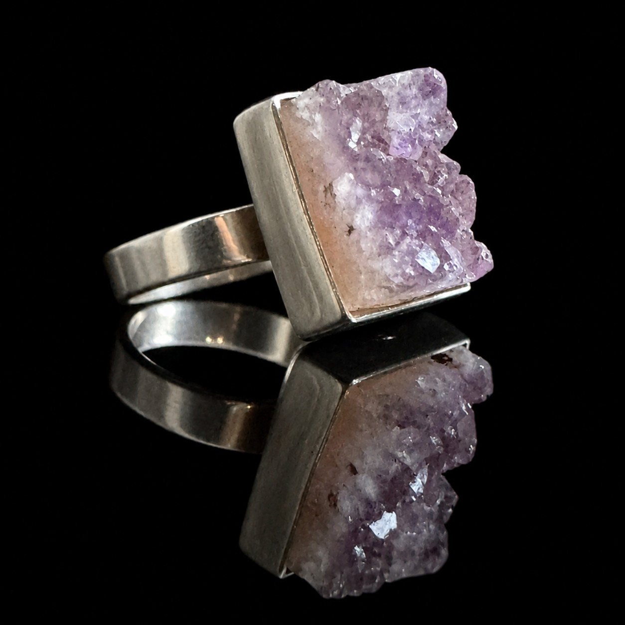 Vintage Swedish Sterling Silver Raw Amethyst Modernist Statement Ring Size 5.5