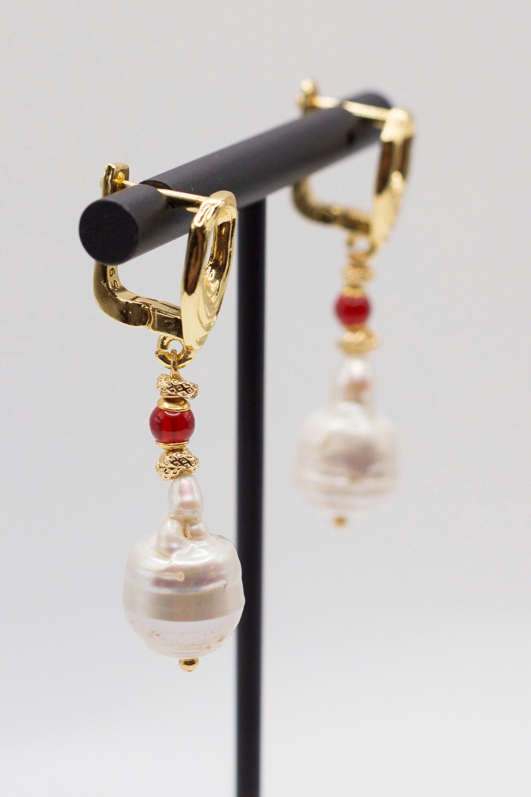 White Baroque Pearl Earrings With Carnelian Accent, Melting Lever back