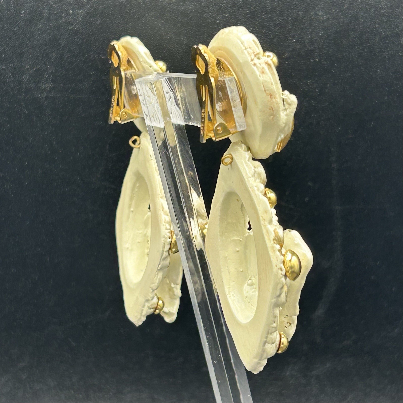 Vintage 80s 90s Jeff Lieb Elephant Clip-On Earrings Cream Gold