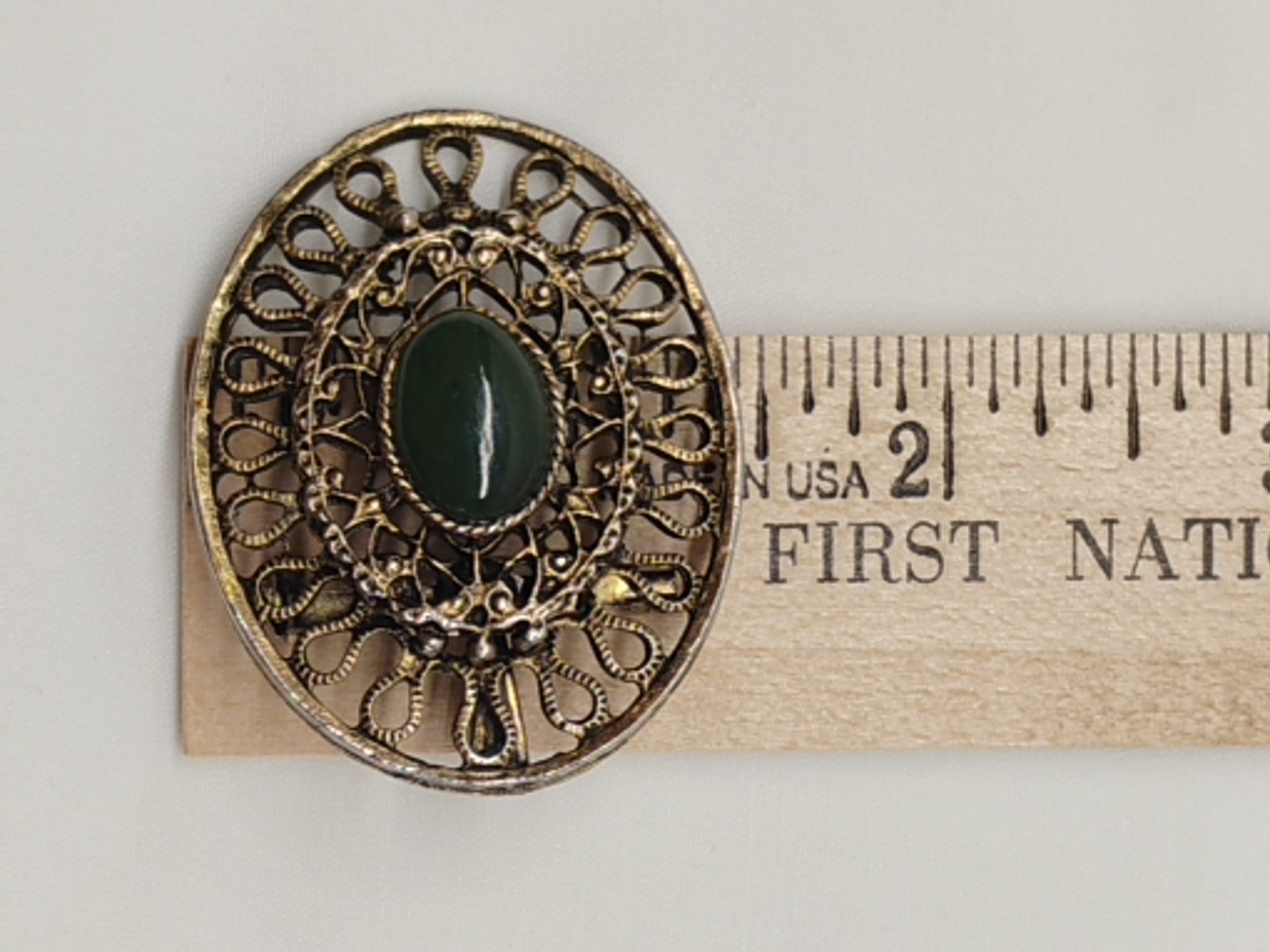 Vintage Green Cabochon Cab 1.75″ Two Toned Necklace Pendant Brooch