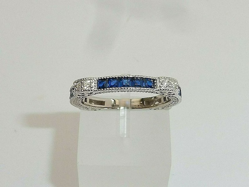 1/2 CTW Blue Baguette CZ Art Deco Antique Style Wedding Band Ring In 925 Silver