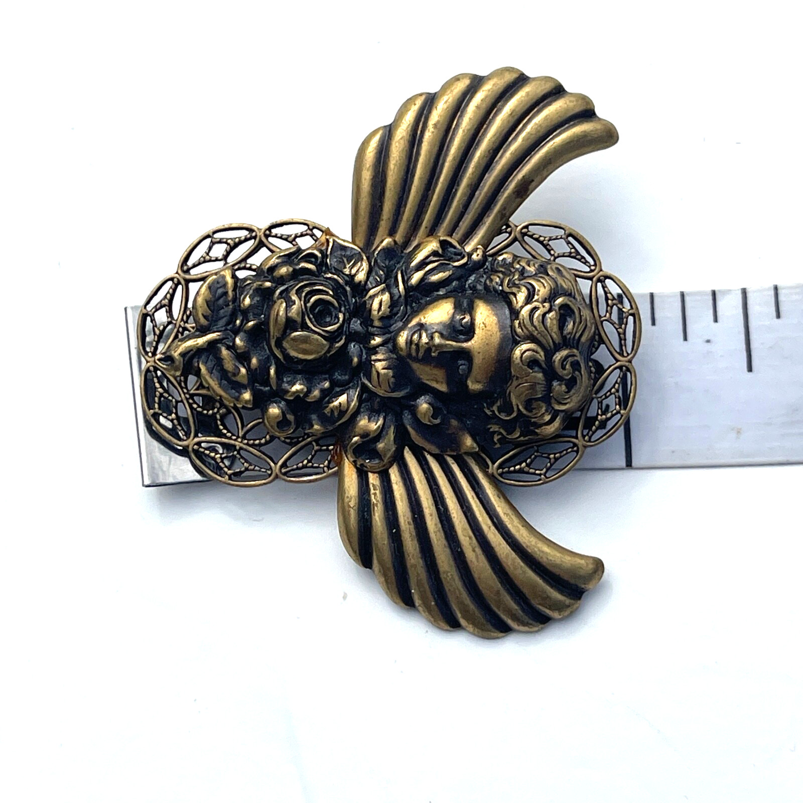 VTG Christmas Angel Brooch Rose Filigree Wings Cabochon Antique Gold Tone Pin
