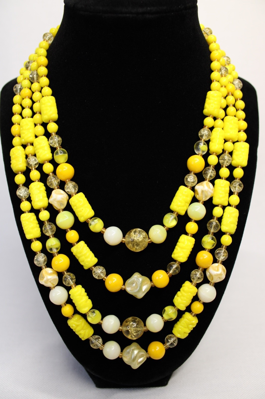 Vintage Yellow Multi Strand Beaded Necklace Earrings Set Art Deco Czech Style
