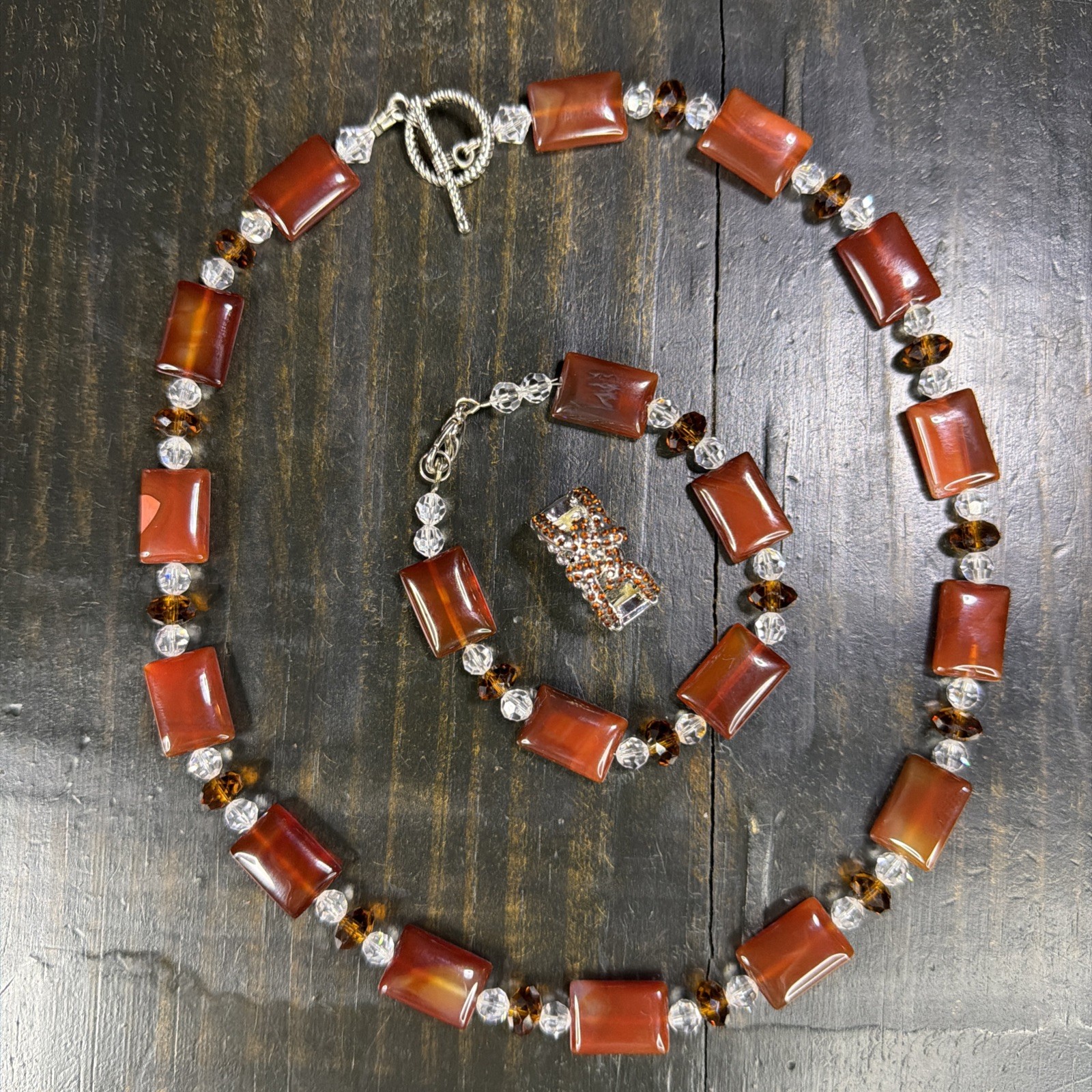 Carnelian Agate Beads w/ Clear, & Amber-Colored Spacers VTG Jewelry Set