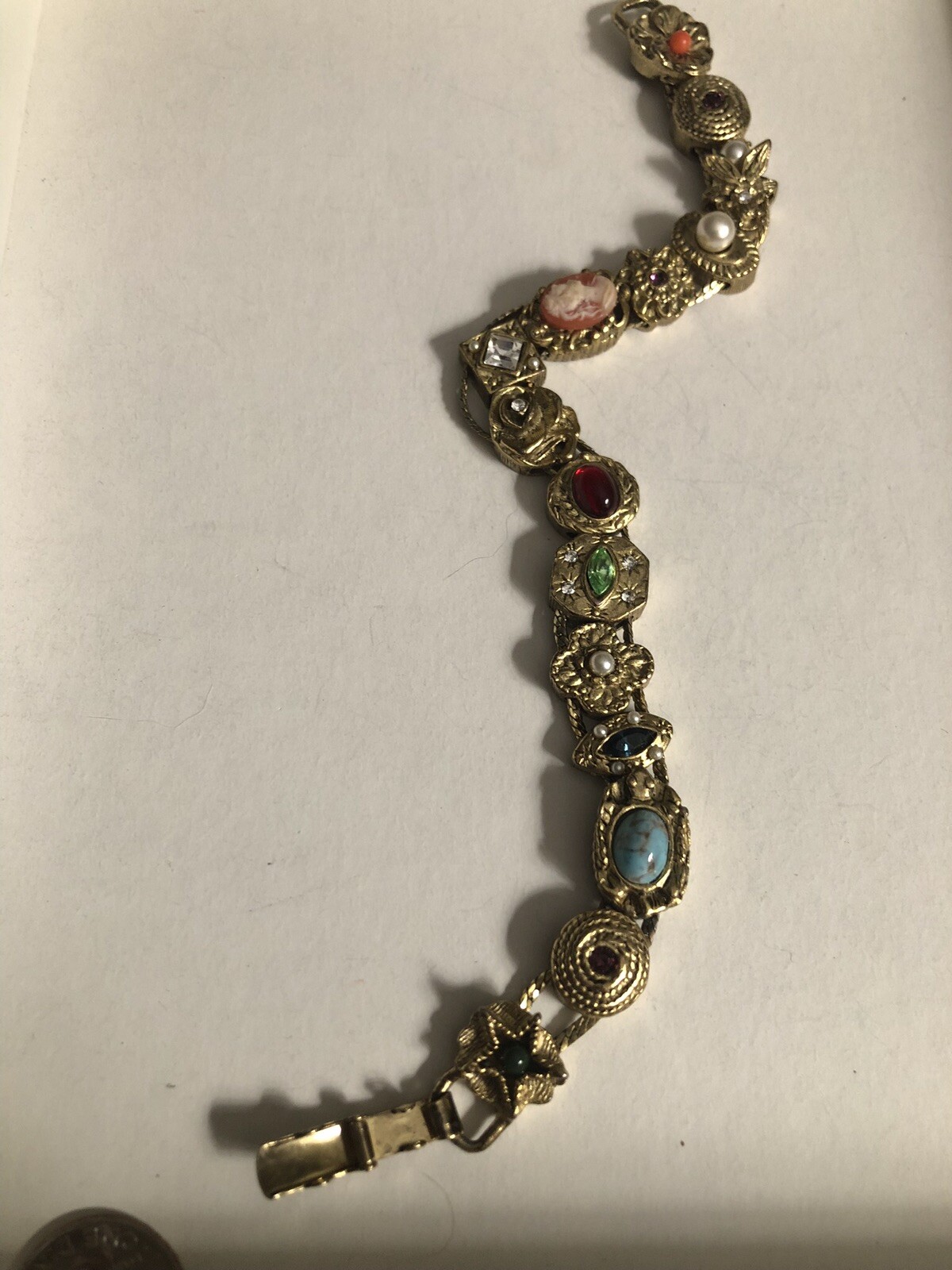 Vintage GOLD TONE SLIDE BRACELET MULTIPLE STONES 7 1/2”