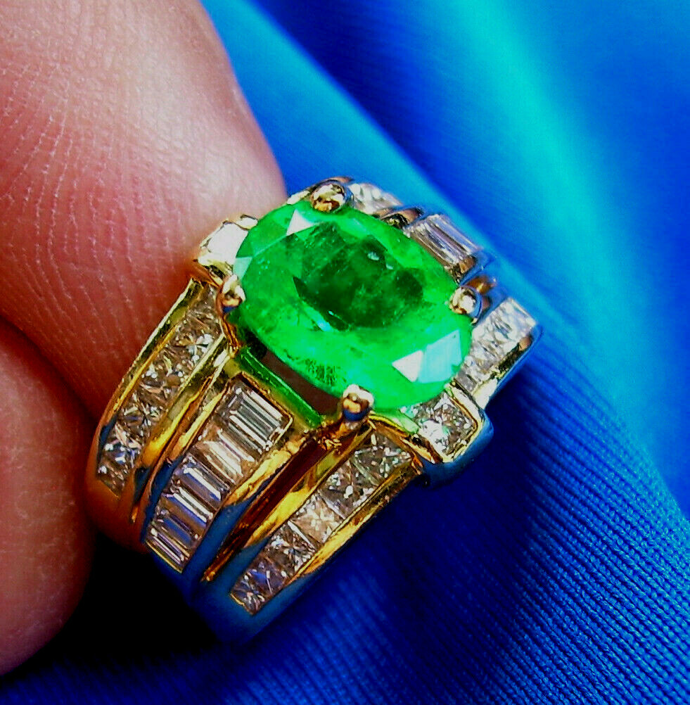Original EARTH MINED EMERALD DIAMOND Deco Engagement Ring 14K GOLD Solitaire 4ct