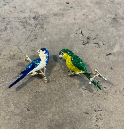 2 Vintage Green/Yellow and Blue and White Parrots On Branch Brooch