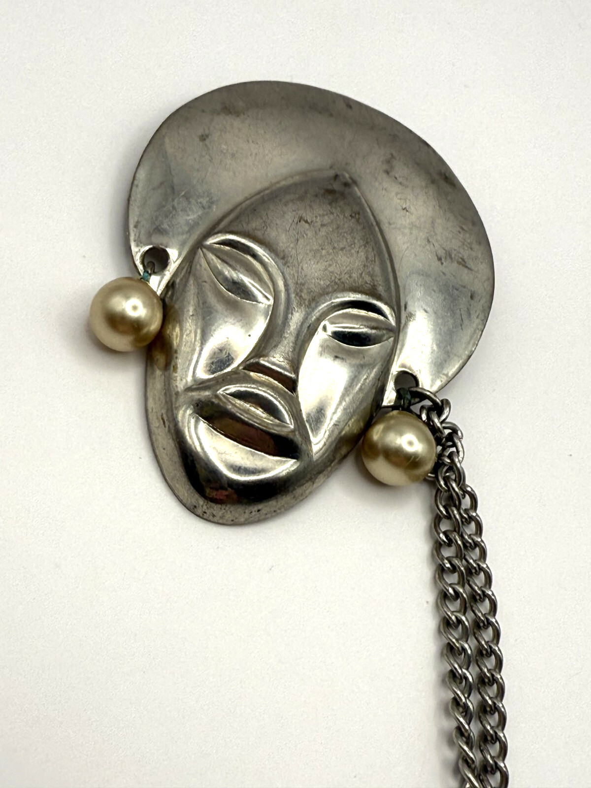 Silver Tone African Sweater Double Pin – Faux Pearl Accents – Retro Jewelry