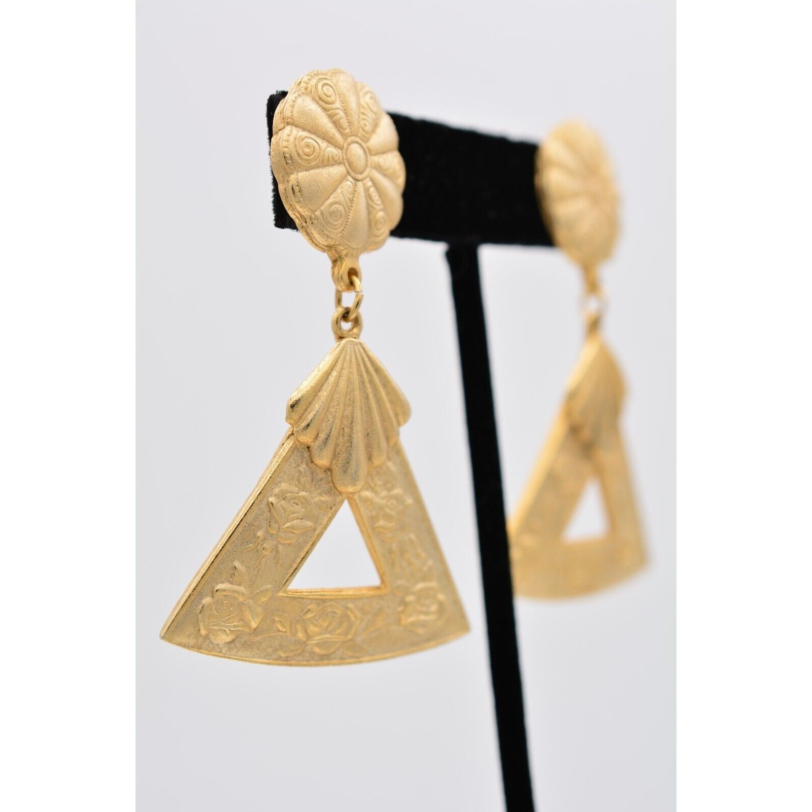 Vintage Statement Dangle Earrings Brushed Gold Floral Heavy Chunky Bold BinAZ