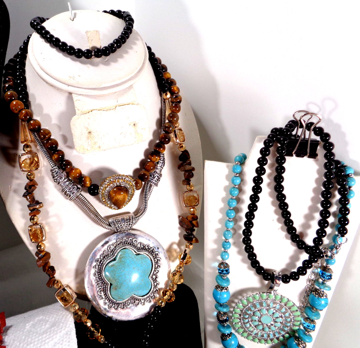 Chunky Mix Blue Red Rhinestone Figural Stone Necklace Bracelet 22 Pc Jewelry Lot
