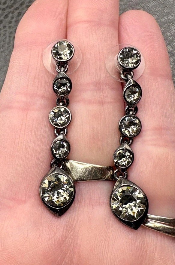 Vintage Givenchy Gunmetal Rhinestone Crystal Dangle Drop Pierced Earrings Y2K