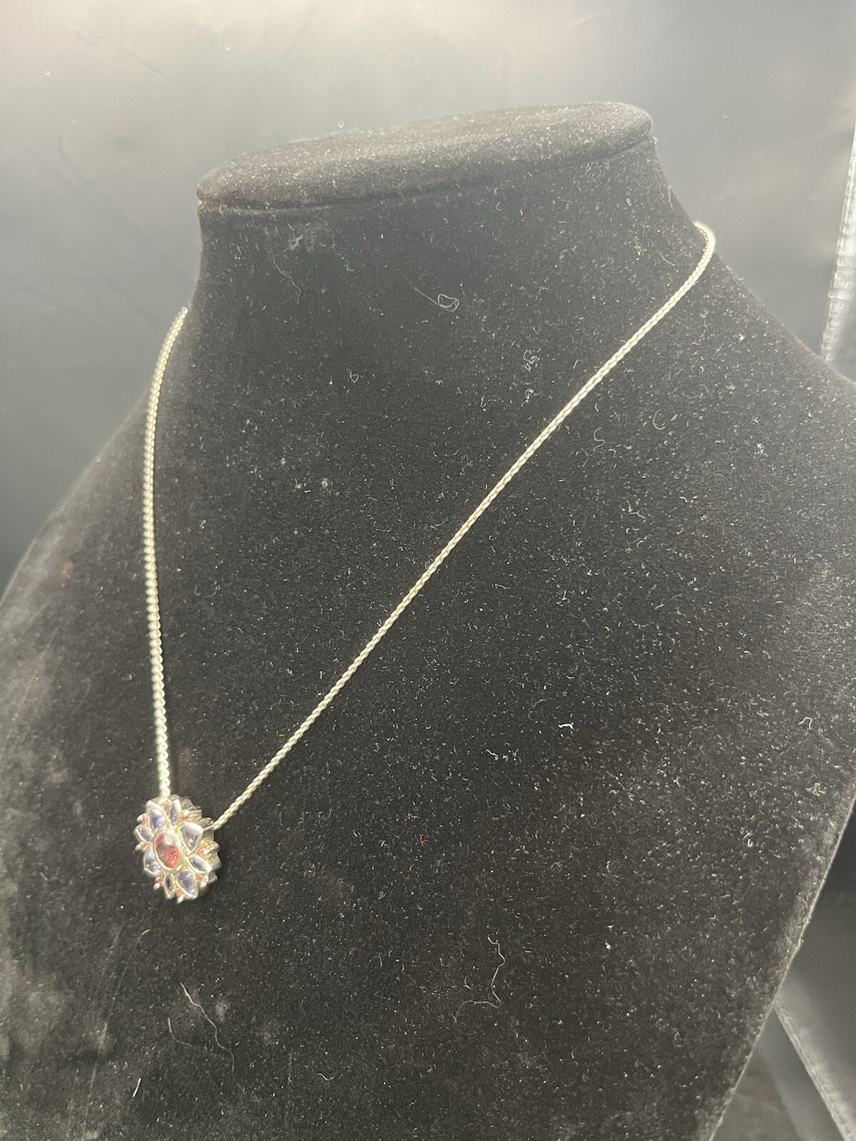 925 Sterling Silver 18” Necklace Flower Pendant Pink & Violet Rhinestones 9.3g