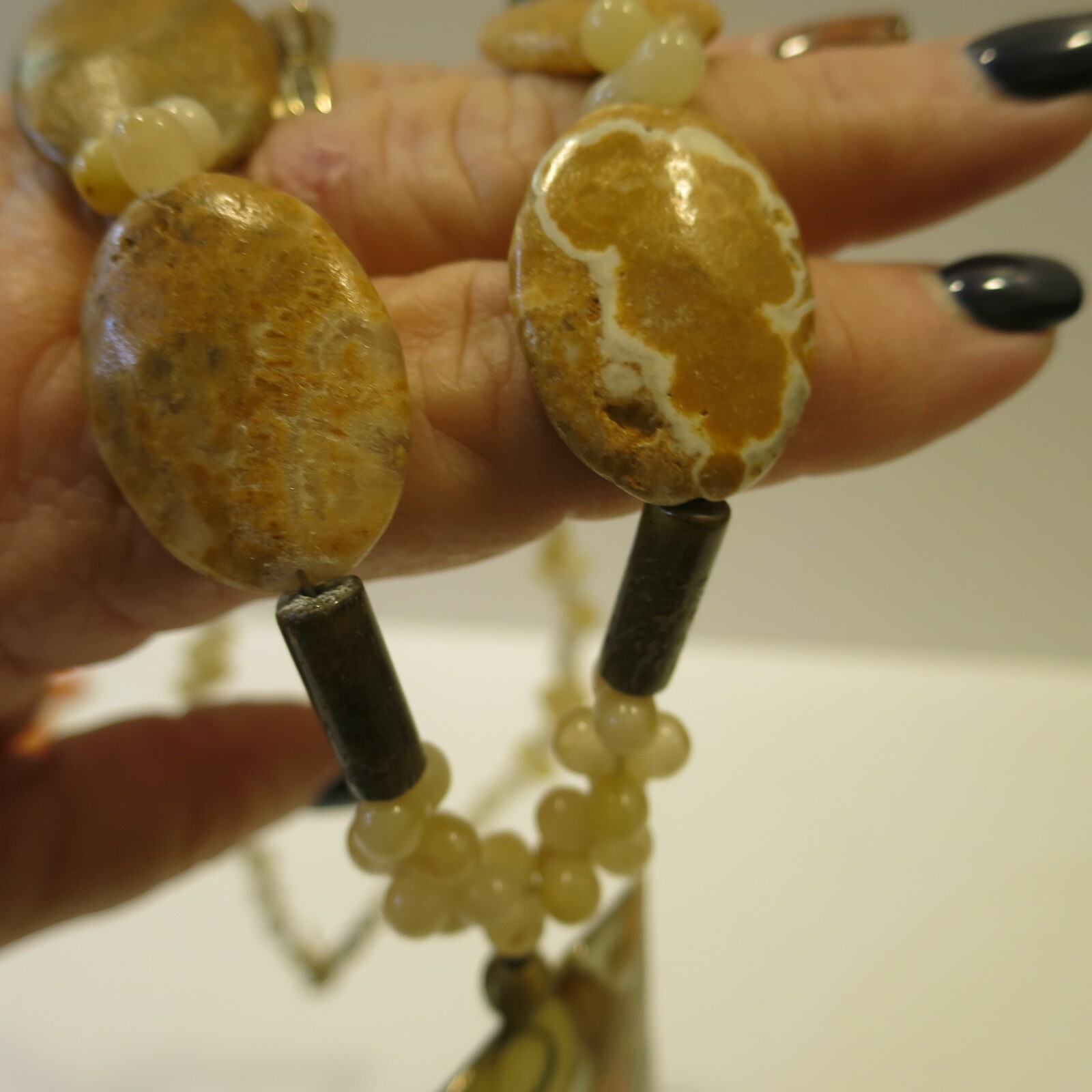 Art Deco Girls at Beach Cloisonne Stone Bead 24” Long Necklace Swimsuit Gold
