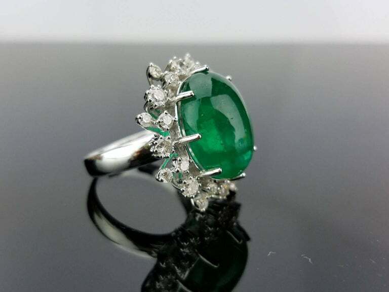 Light Deep Green 13.04 Carat Cabochon Emerald and 1.21CT Round CZ Cocktail Ring
