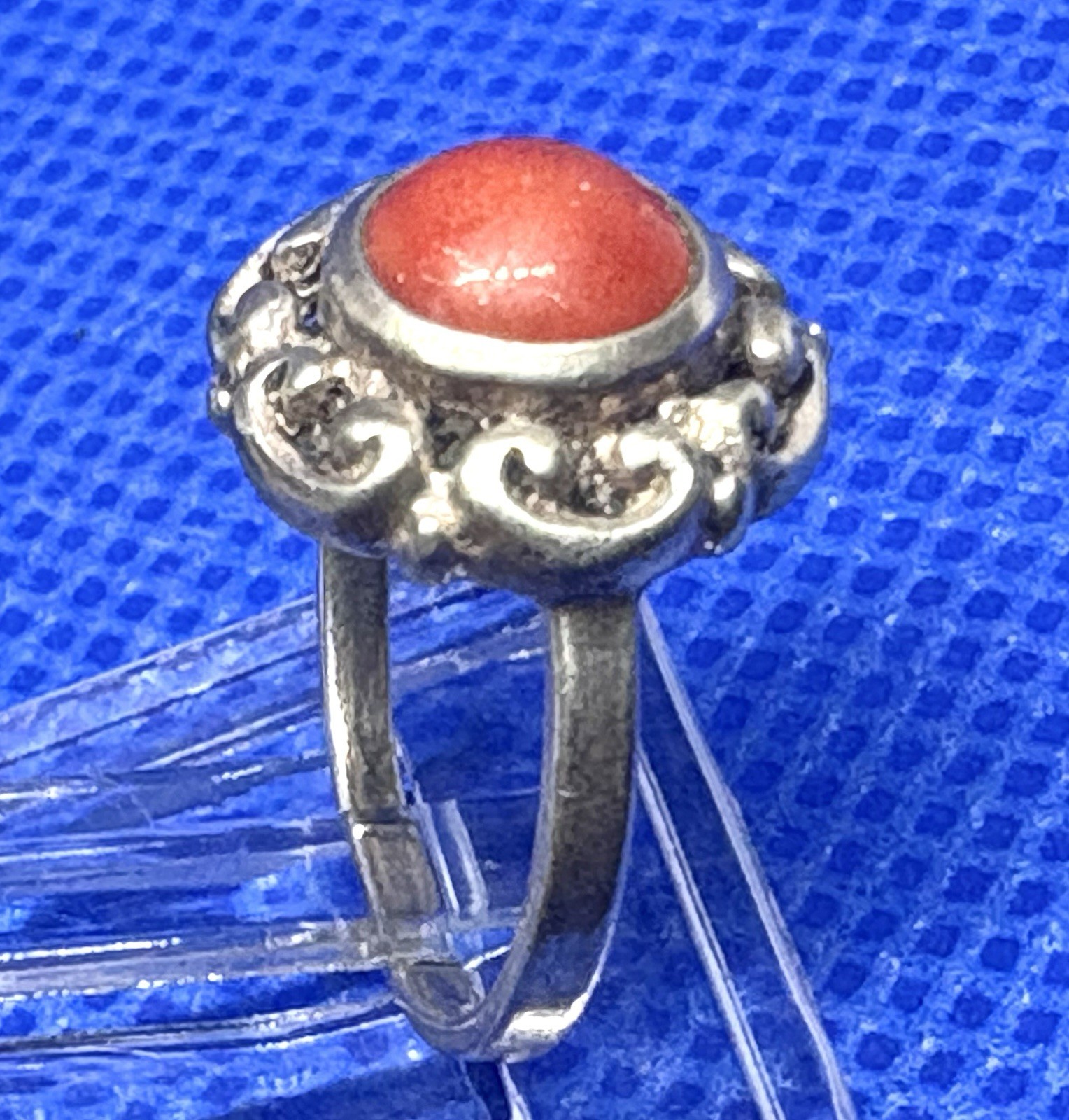 A11 Size 2 Christening ANTIQUE Historic 1890s 6mm Red Coral 835 Silver Ring