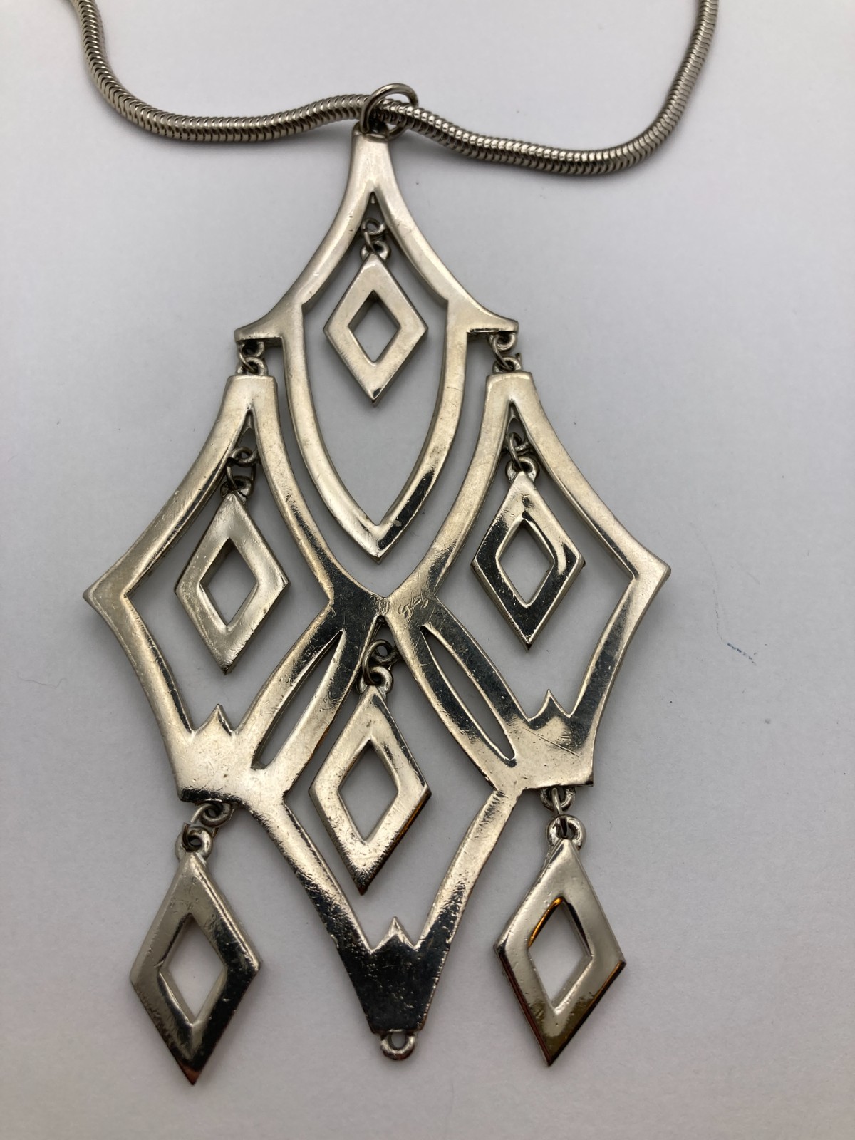 Vintage Modern Large Silvertone Pendant Necklace With Abstract Design