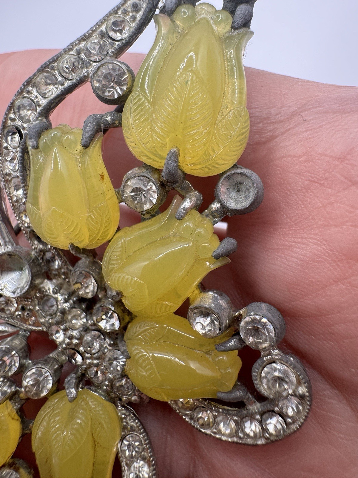 RAREST VTG Vintage Costume Yellow Glass Fruit Salad CURVED BUTTERFLY BROOCH AS I