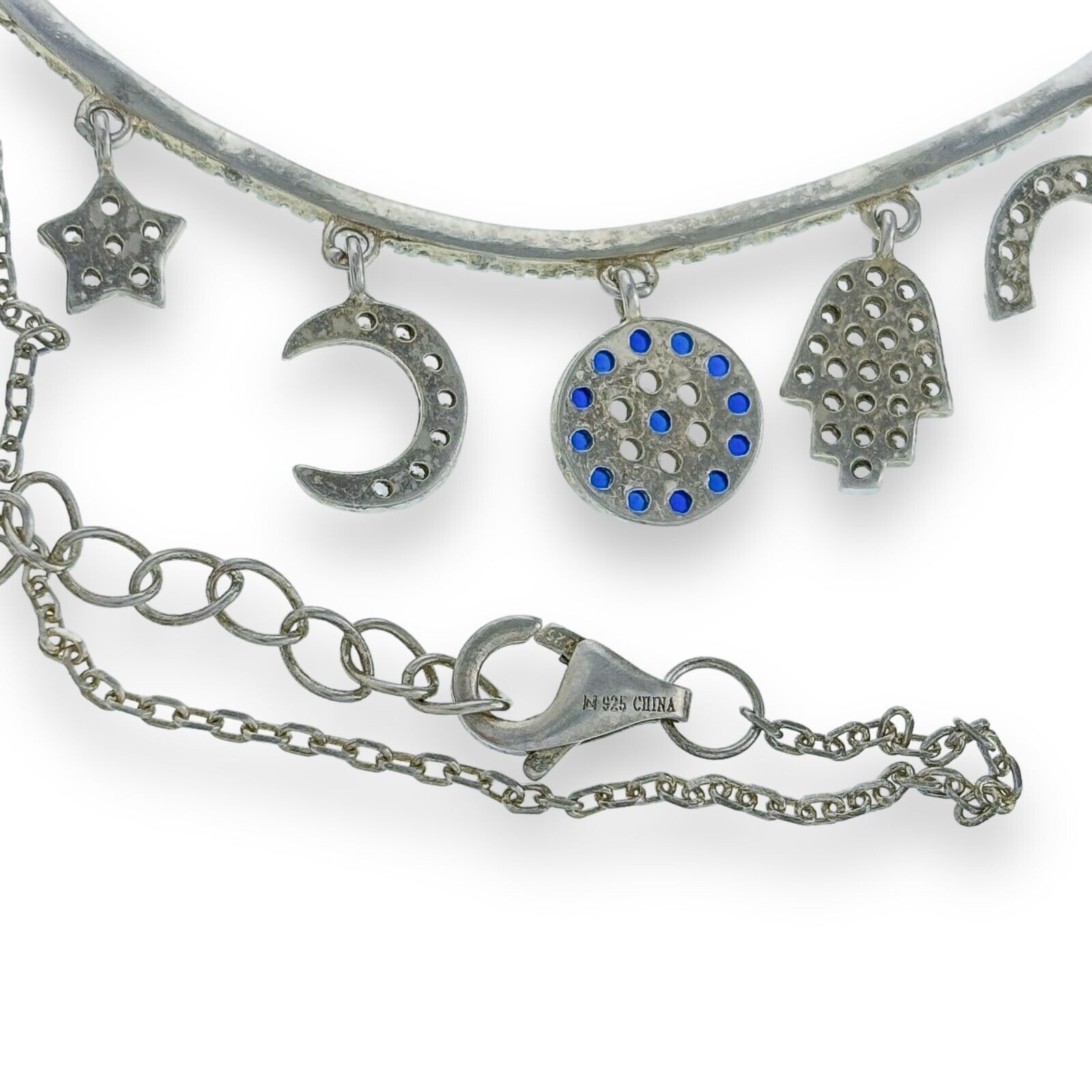 China Sterling Silver 925 Lucky Charm Blue White Crystal Bib Necklace 16″-18″