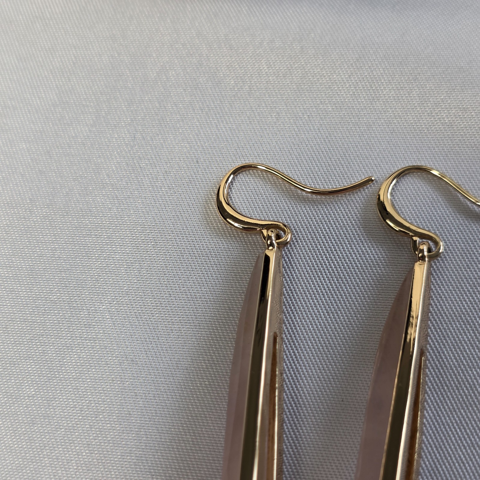 Linear Drop Wire Earrings Elongated Rose Quartz Teardrops in Gold-Tone Metal