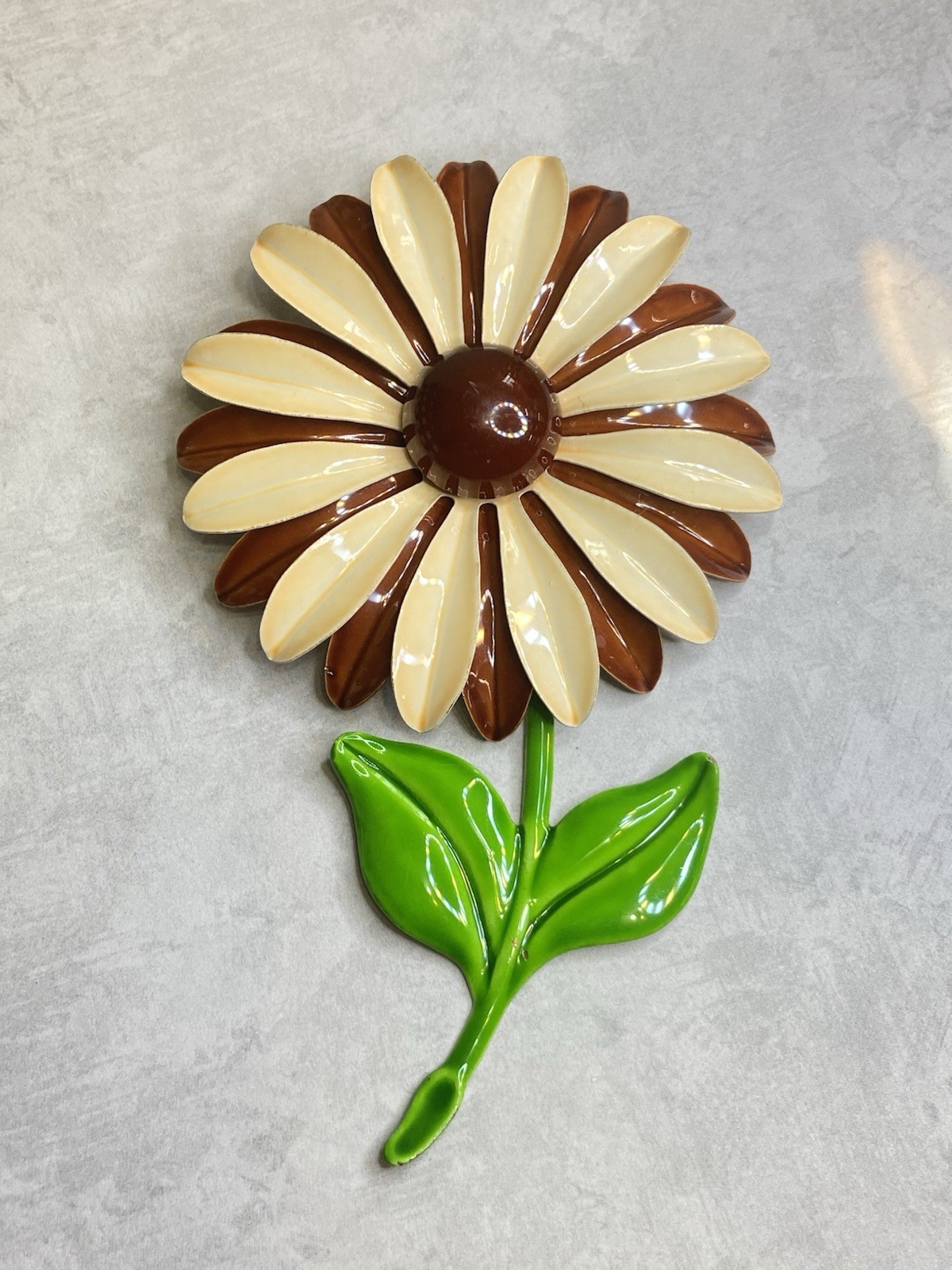 Vintage 60s Brooch Enameled Daisy Flower Cream Burnt Orange 4.25”