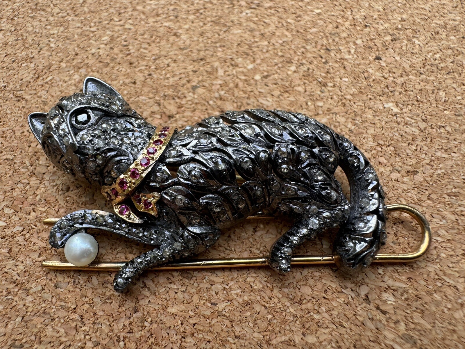 Stunning Rose Cut Diamond Gemstone Silver Victorian Cat Brooch Jewelry