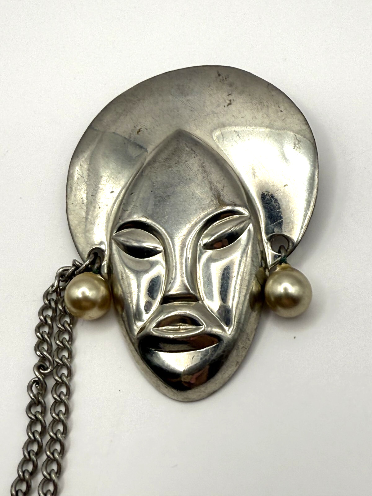 Silver Tone African Sweater Double Pin – Faux Pearl Accents – Retro Jewelry