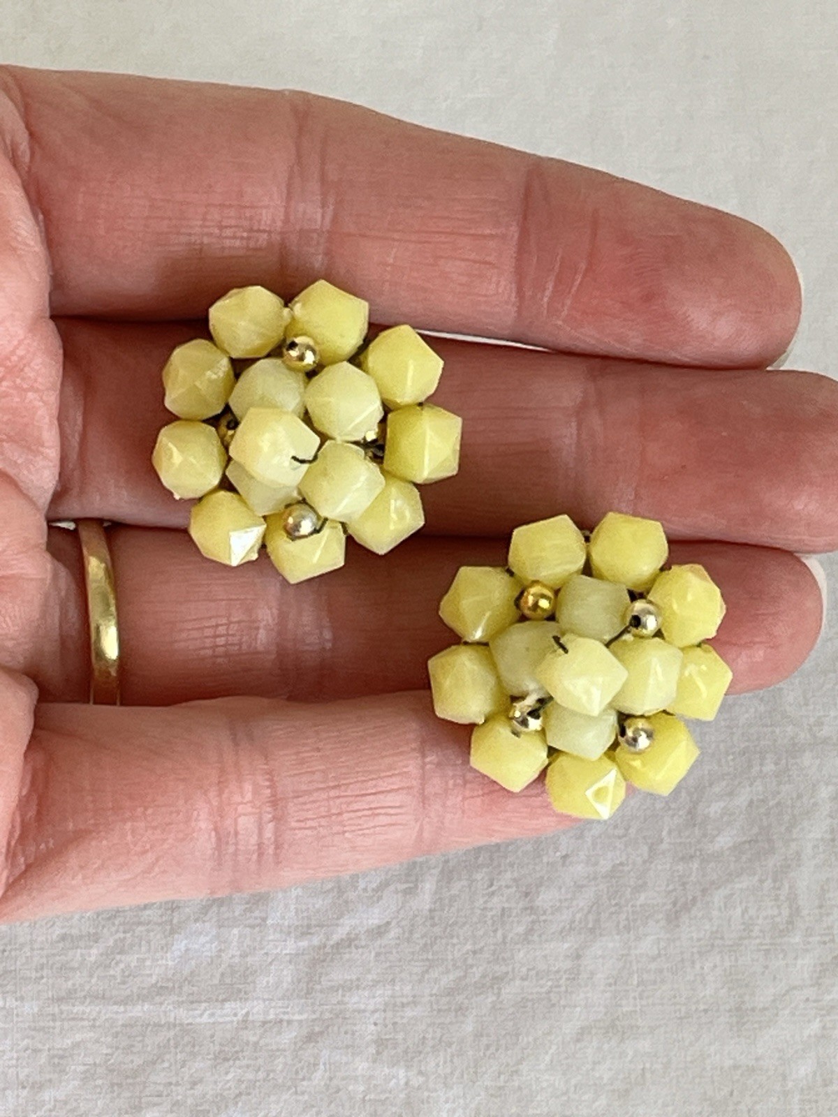 Hong Kong Yellow Beaded Necklace and Clip On Earrings Set Seven Strand Necklace